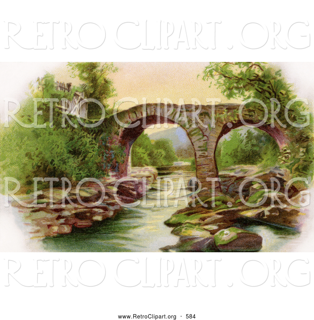 Larger Preview  Clipart Of A Retro Scene Of Irelands Old Weir Bridge