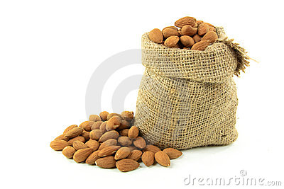 Still Picture Of Burlap Bags Full With Natural Whole Almonds Nuts And