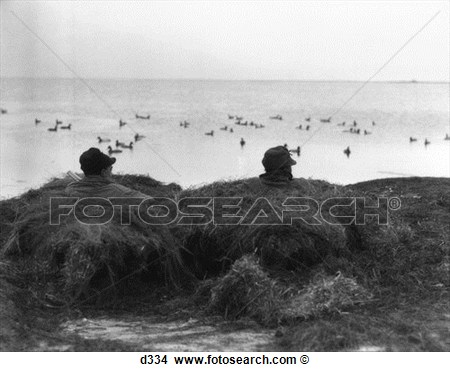 Stock Photo Of 1930s Two Men Camoflauged In Duck Blind Hunting D334