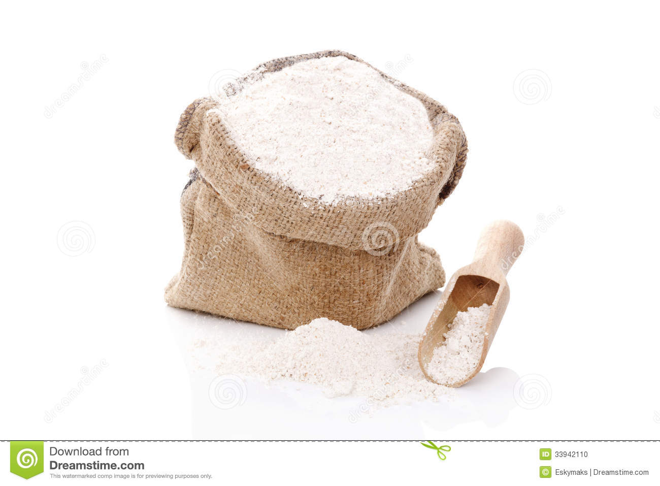 White Flour In Brown Burlap Bag With Wooden Scoop On White Background 