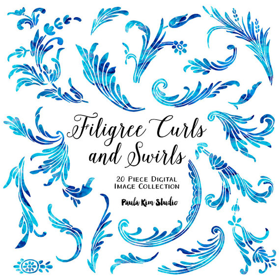 Blue Filigree Swirls And Curls Flourish Clipart Blue Watercolor Clip
