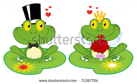 Bride And Groom Frogs Cartoon Characters On A Leafs   Stock Vector