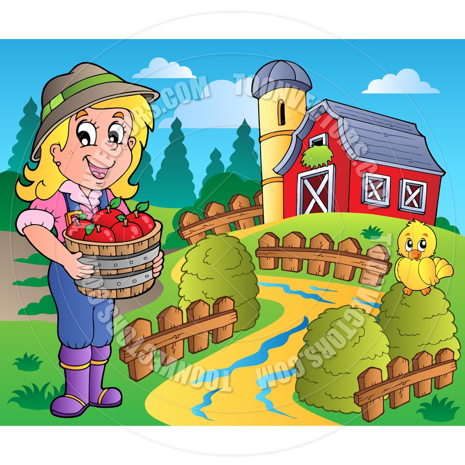 Cartoon Farm Girl With Basket Of Apples By Clairev   Toon Vectors Eps