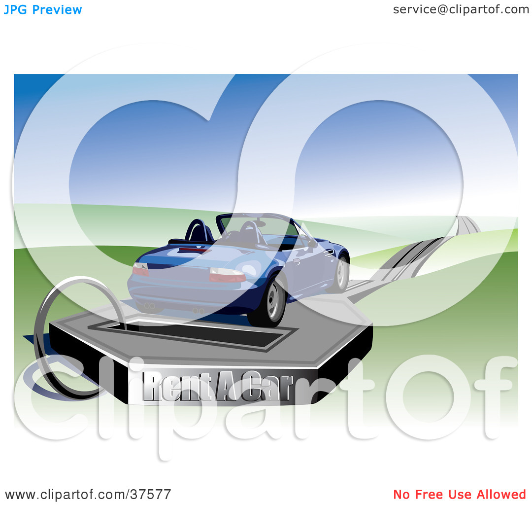 Clipart Illustration Of A Blue Convertible Rental Car On A Platform