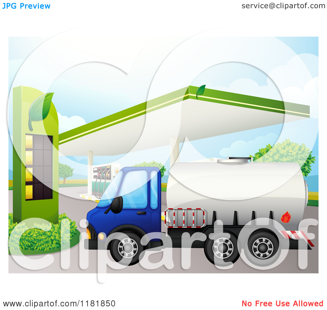 Cartoon Of A Fuel Truck At A Gas Station   Royalty Free Vector Clipart