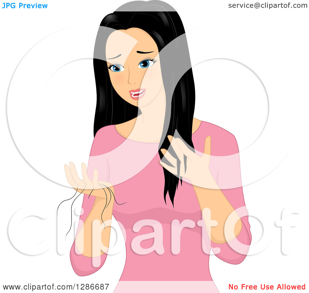 Clipart Of A Upset Young Asian Woman Discovering Her Hair Falling Out