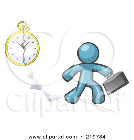Denim Blue Design Mascot Man Running Late For Work Over A Cr