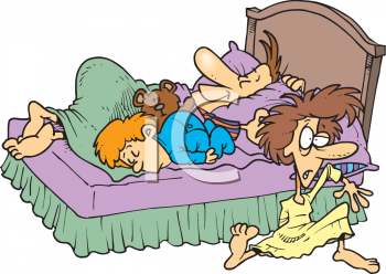 Pushed Out Of Bed By Her Son And Husband   Royalty Free Clipart Image