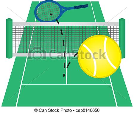 Vector Clipart Of Tennis Court   Tennis Ball Hit Over Net Csp8146850