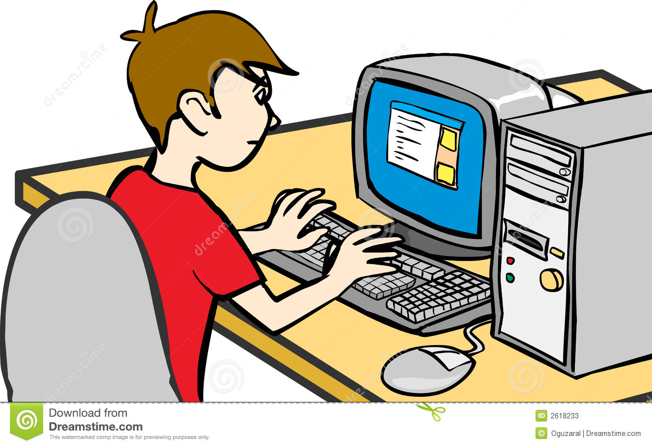 Vector Illustration Of Boy Working With Computer