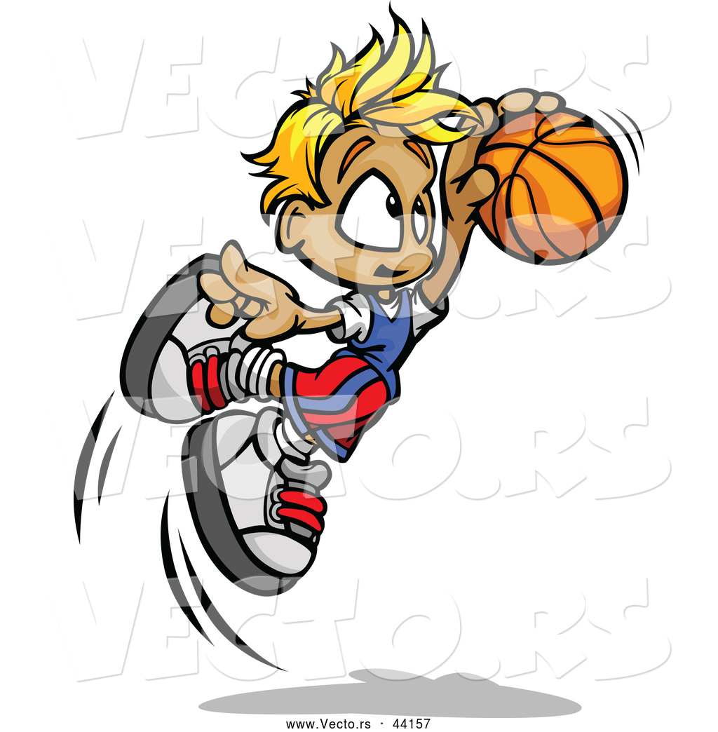 Vector Of A Cartoon Boy Jumping With Basketball Towards Hoop By