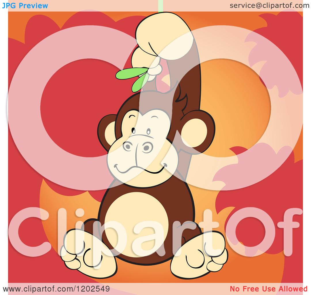 Cartoon Of A Cute Gorilla Swinging From A Vine At Sunset   Royalty