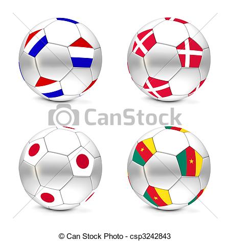 Four Footballs Soccer Balls With The Flags Of Netherlands Denmark