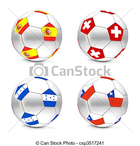 Four Footballs Soccer Balls With The Flags Of Spain Swiss Honduras