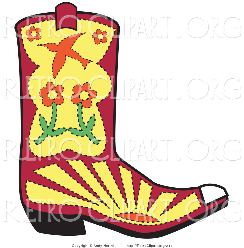 Retro Clipart Of A Pink Cowgirl Boot With Flowers Sunset And A Bird