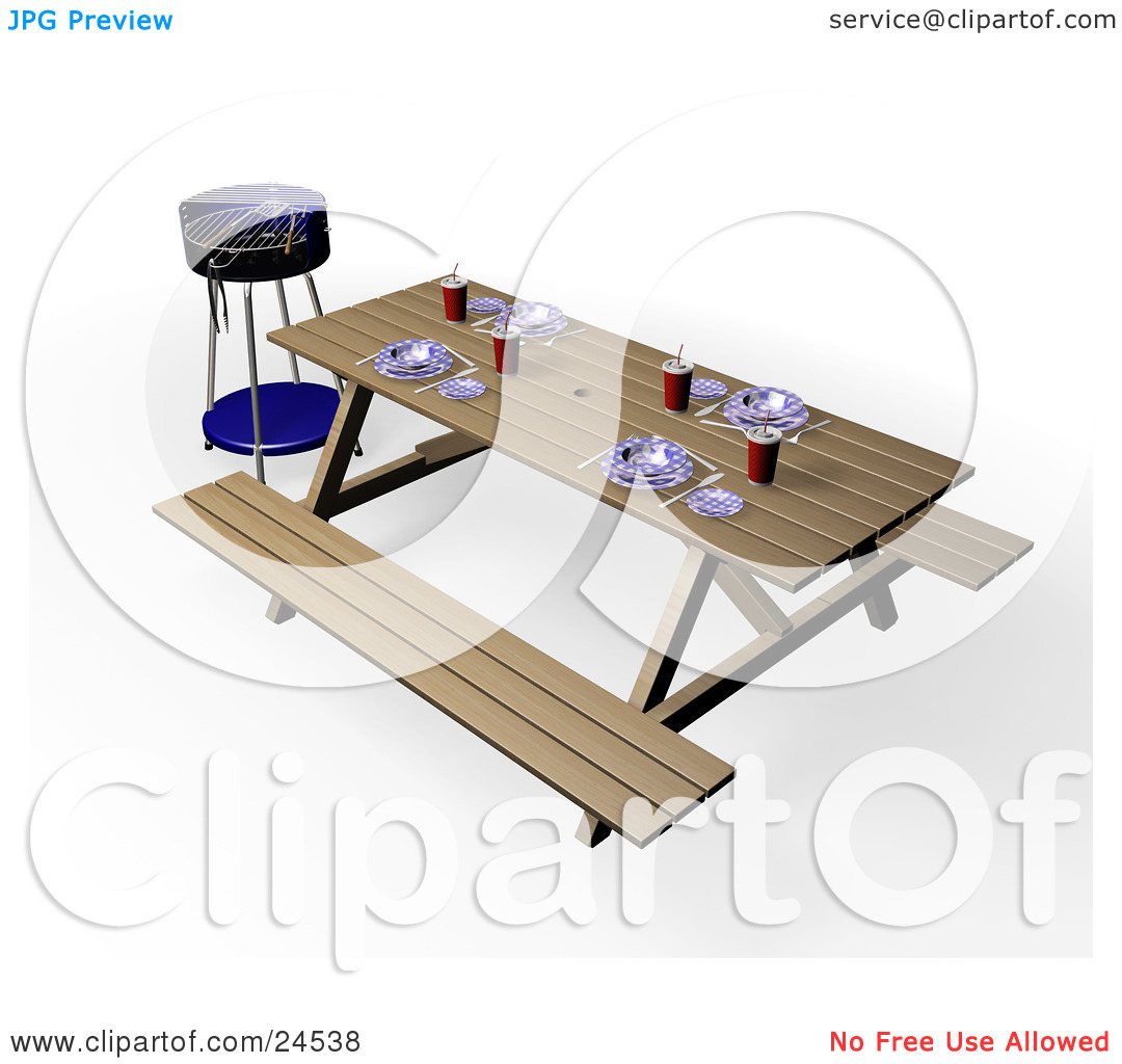 Clipart Illustration Of A Blue Bbq Grill By A Picnic Table Set With