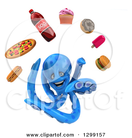 Clipart Of A 3d Blue Octopus Juggling Junk Food   Royalty Free