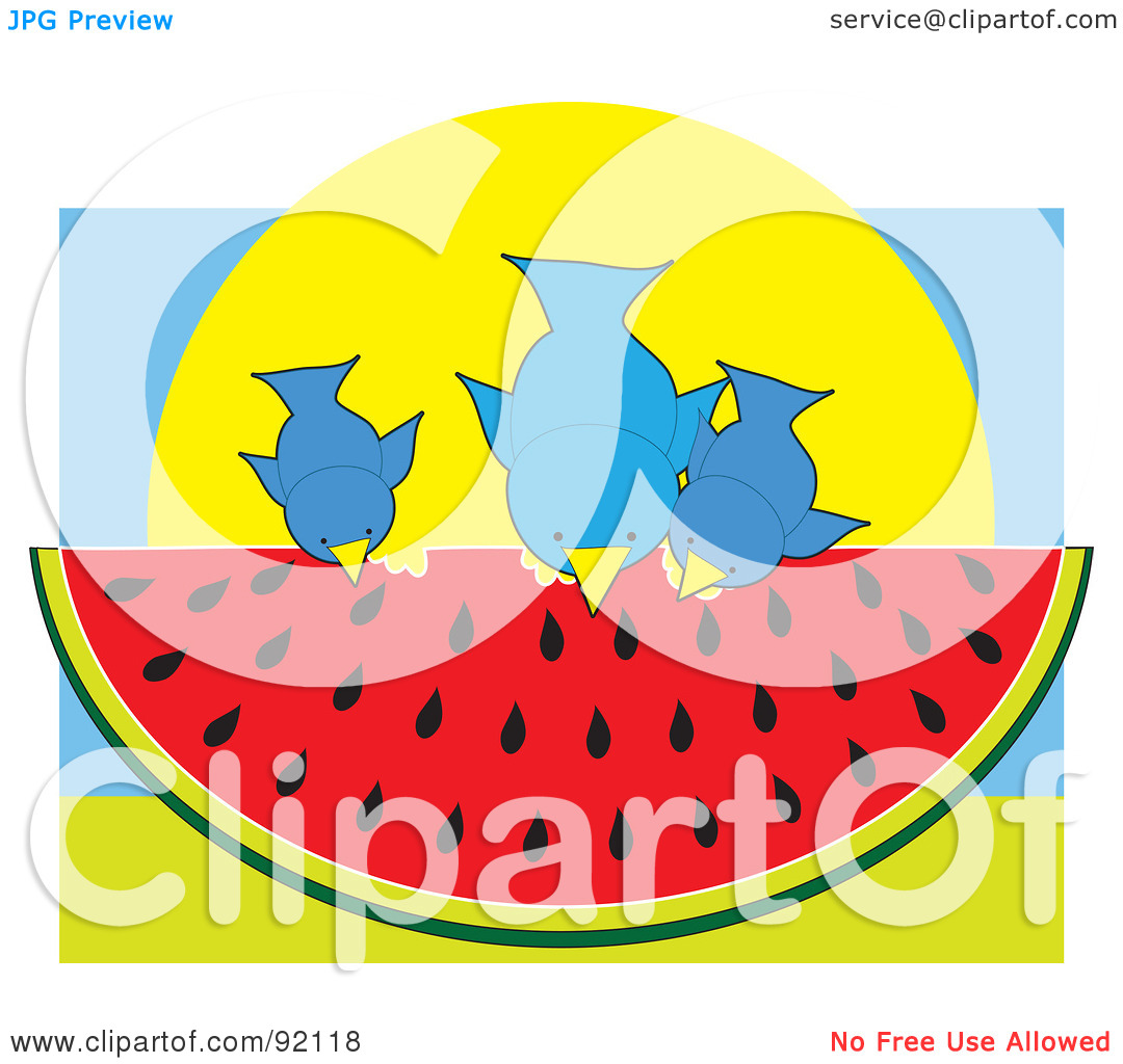 Rf  Clipart Illustration Of A Three Blue Birds Sitting On And Eating