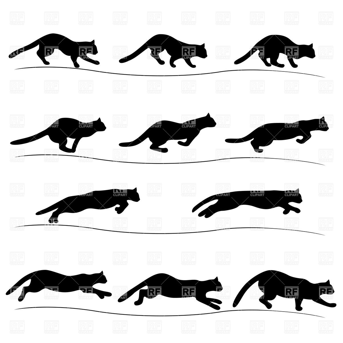 Silhouettes Of Running And Jumping Cat In Different Positions 38640
