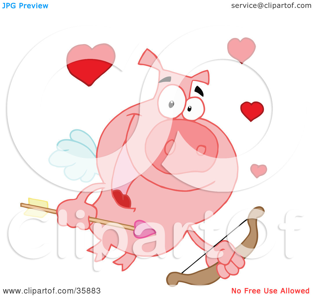 Clipart Illustration Of A Pink Cupid Pig Flying With Hearts A Bow And