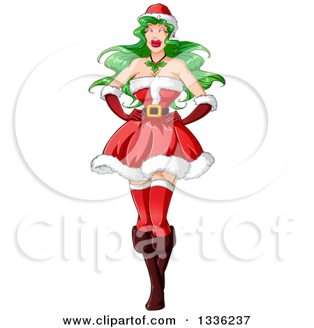 Clipart Of A Sexy Green Haired White Pinup Woman In A Christmas Santa