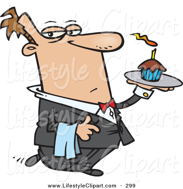 Clipart Of A White Butler Man Carrying A Cupcake With A Lit Candle    