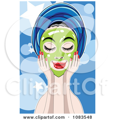 Clipart Woman With A Green Facial Mask Over Blue   Royalty Free Vector