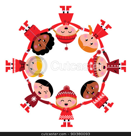 Cute Christmas Multicultural Children In Circle Isolated On Whit Stock