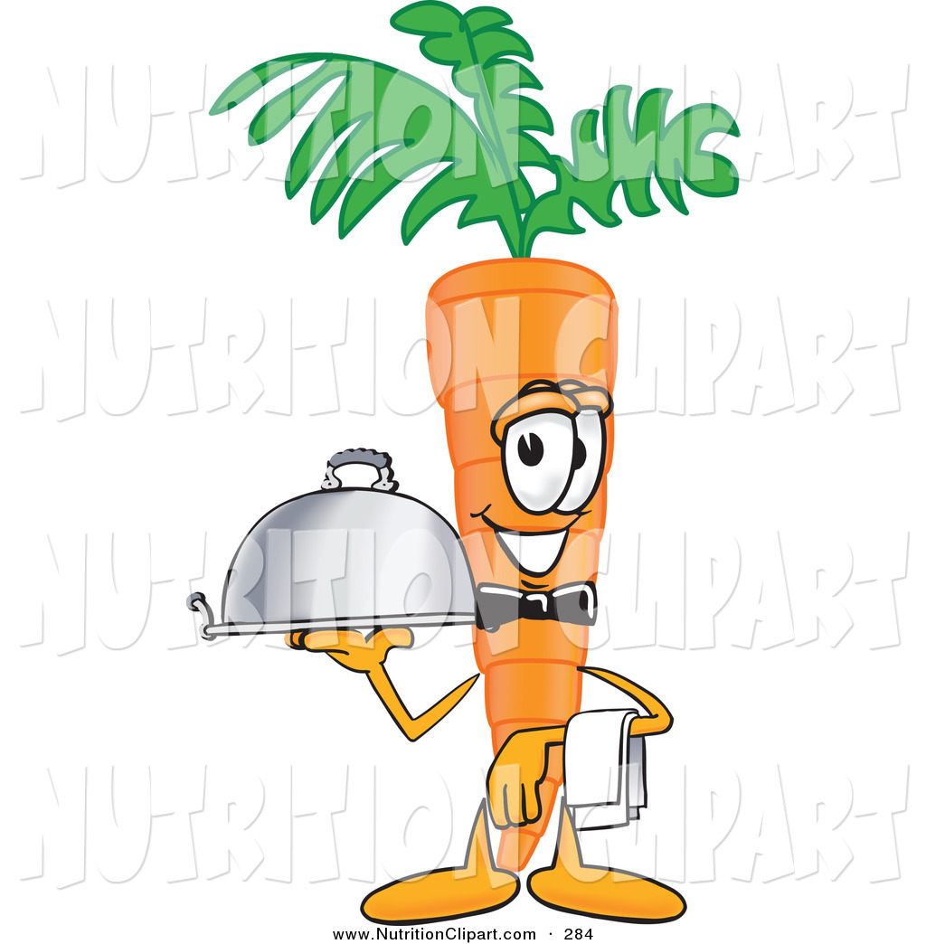 Smiling Orange Carrot Mascot Cartoon Character Butler Serving A Dinner