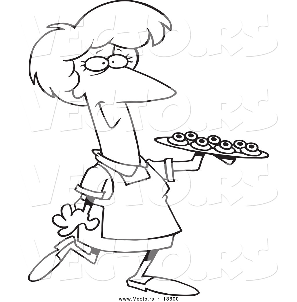 Vector Of A Cartoon Woman Serving Finger Foods   Outlined Coloring