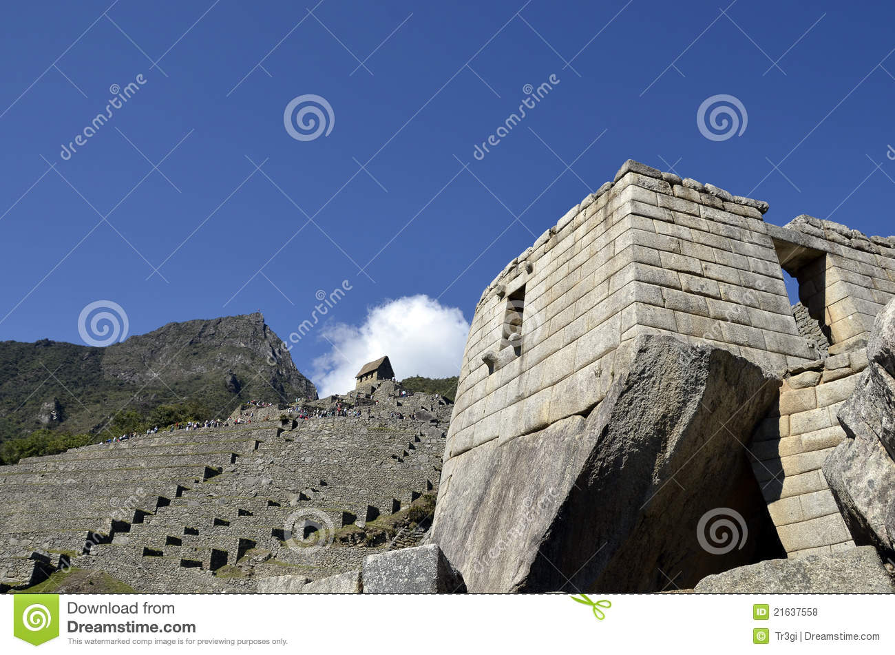 Ancient Inca Sun Temple On Machu Picchu With Terraces And Blue Sky In    