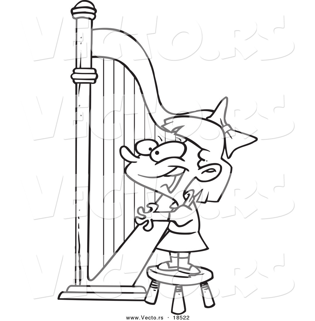 Cartoon Girl Playing A Harp   Outlined Coloring Page By Ron Leishman