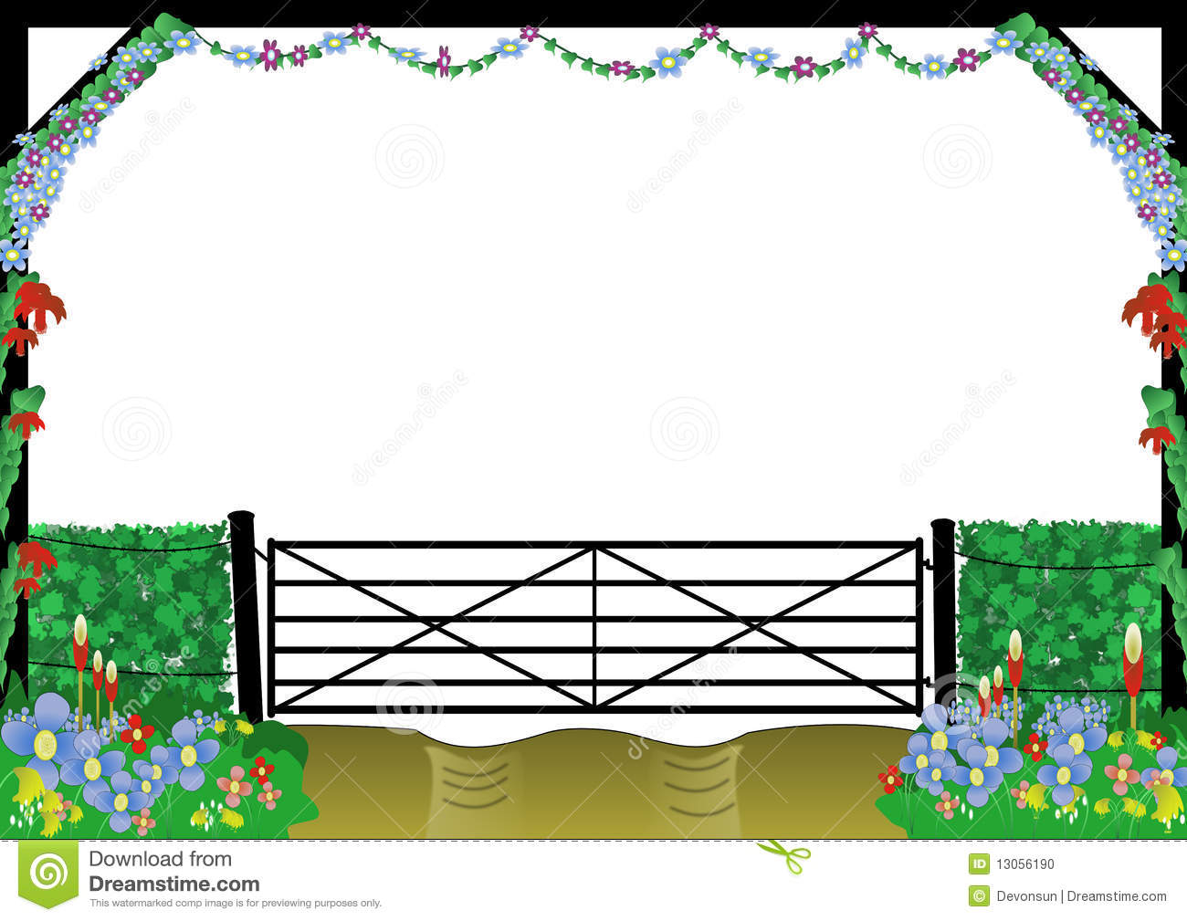 Frame Of Countryside With Silhouette Gate And Different Flowers