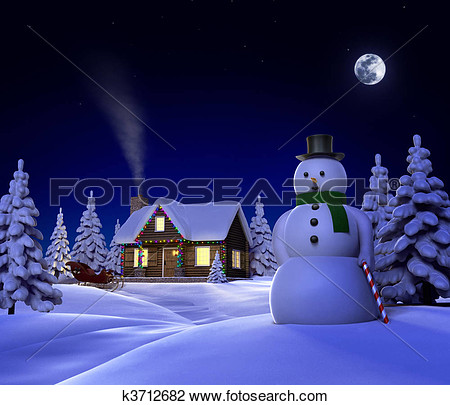 Themed Snow Cene Showing Snowman Cabin And Snow Sleigh At Night