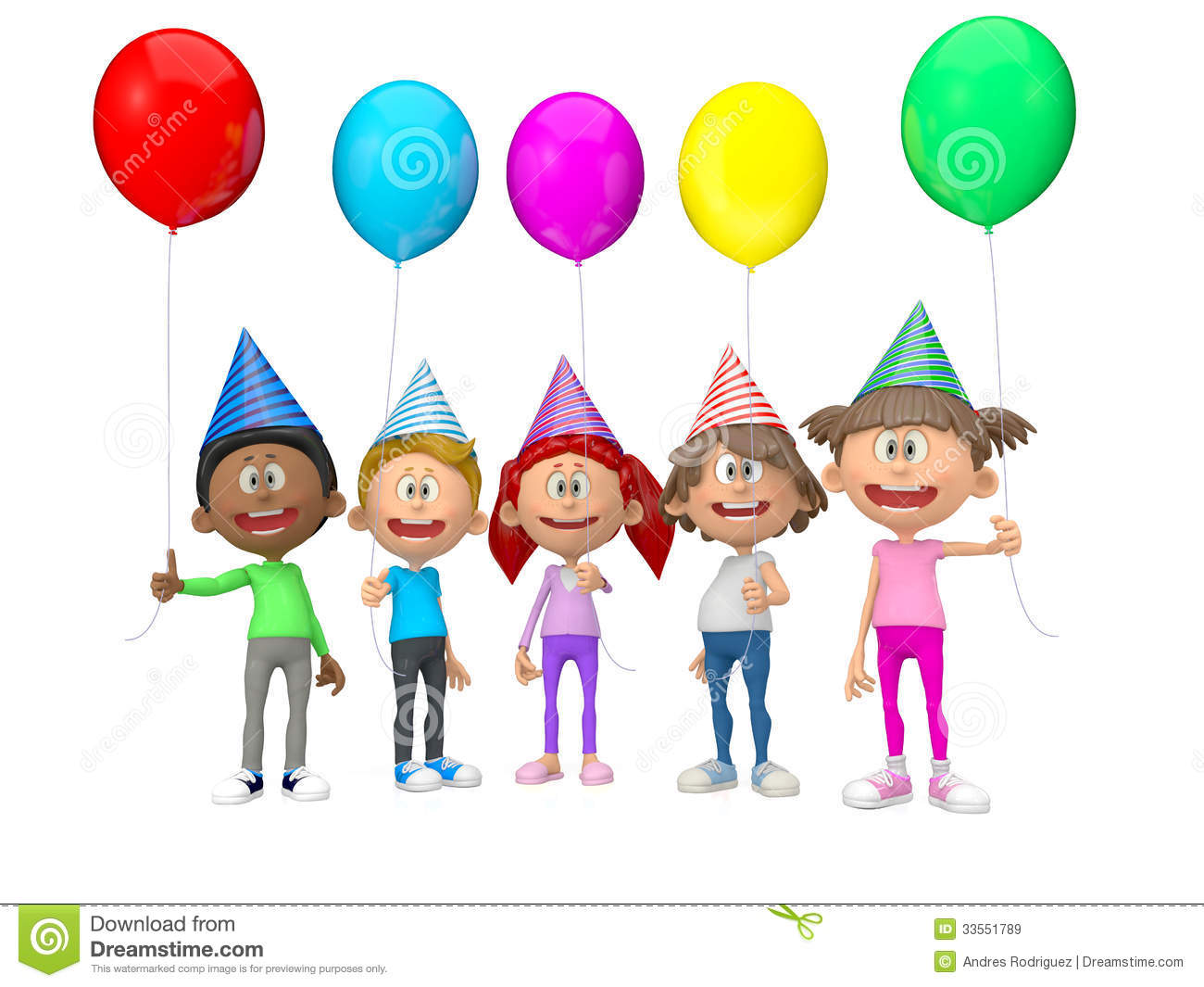 3d Group Of Party Kids Celebrating A Birthday   Isolated Over White