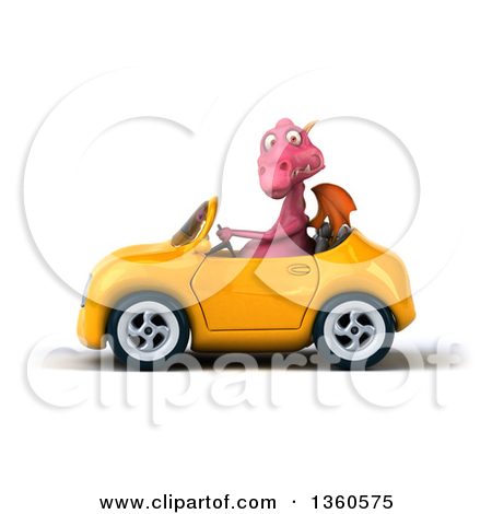 Clipart Of A 3d Pink Dragon Driving Yellow Convertible Car On