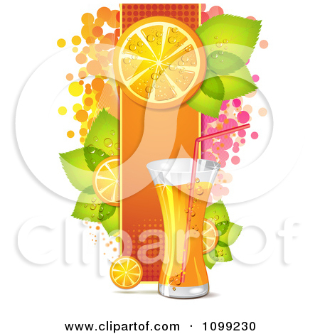 Glass Of Orange Drink With A Halftone Panel Of Slices Leaves And Dots