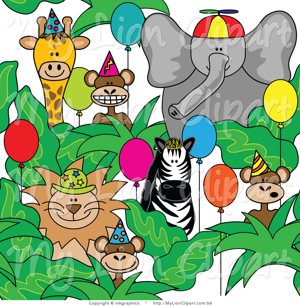 Larger Preview  Clipart Of A Group Of Seven Party Animals With Hats