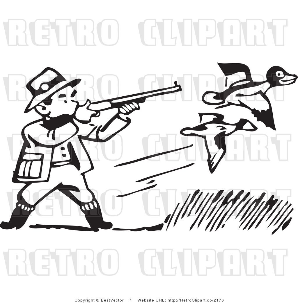 Royalty Free Black And White Retro Vector Clip Art Of A Duck Hunter By