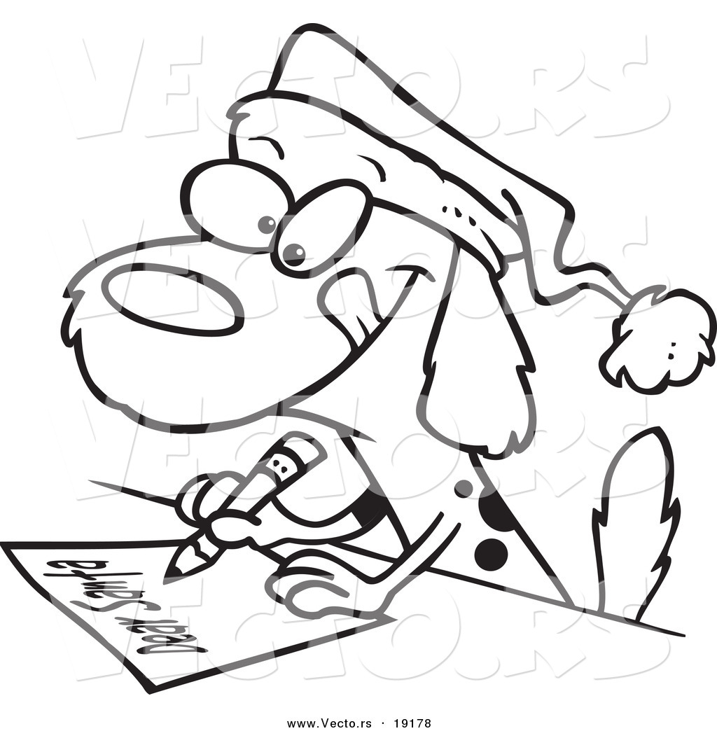 Vector Of A Cartoon Dog Writing A Letter To Santa   Outlined Coloring