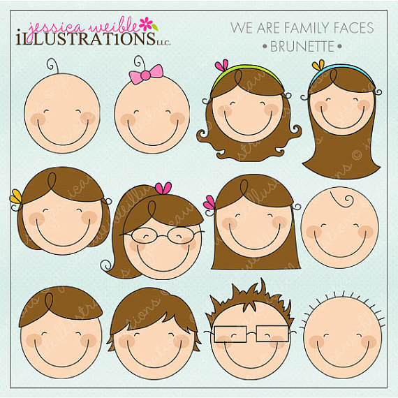 We Are Family Faces  Brunette  Cute Digital Clipart For Invitations