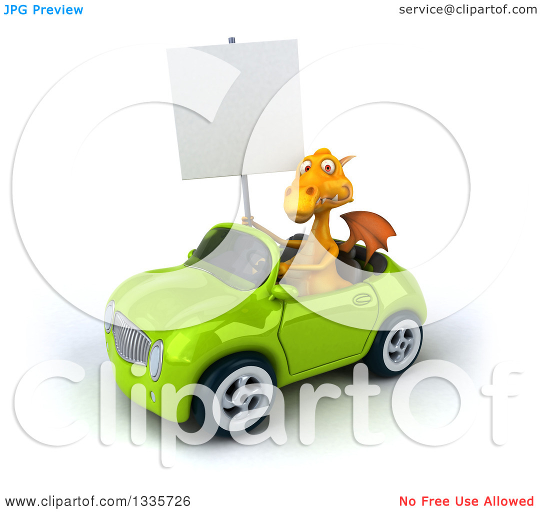 Yellow Dragon Holding A Blank Sign And Driving Green Convertible Car