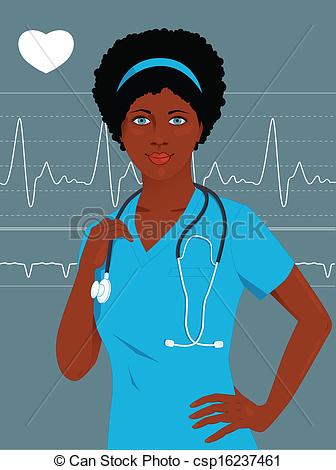 Clip Art Vector Of Doctor Or Nurse With A Heart Monito   Young African