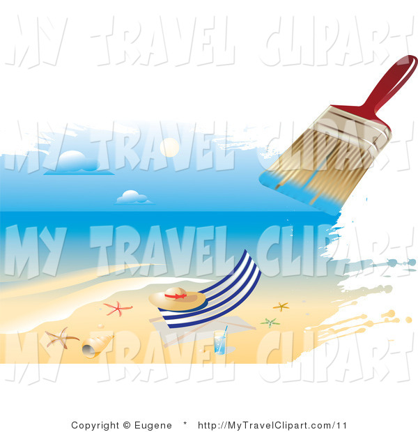 Clipart Of A Paintbrush Painting An Ocean Scene Of A Hat On A Beach    