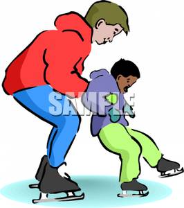 Father Helping His Son Ice Skate   Royalty Free Clipart Picture