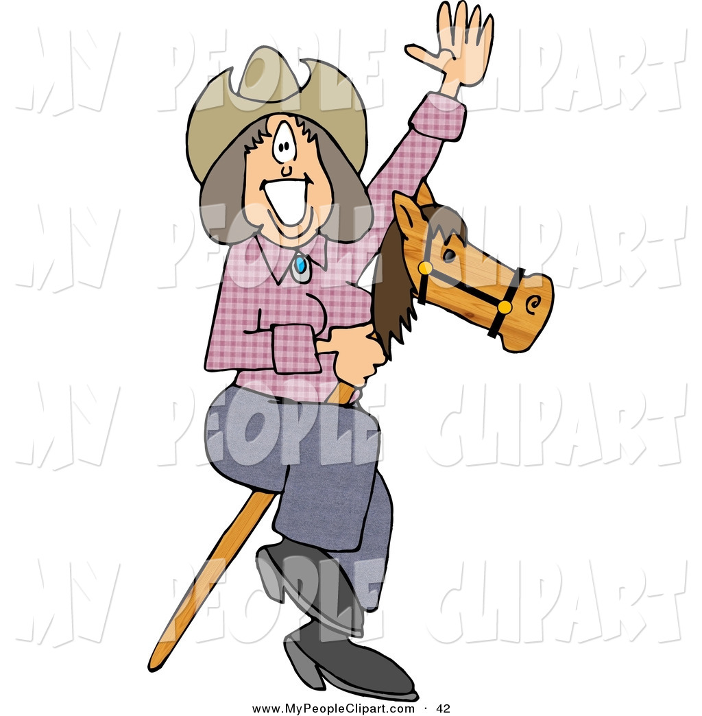 Happy Smiley Cowgirl Riding A Toy Stick Horse And Waving By Djart