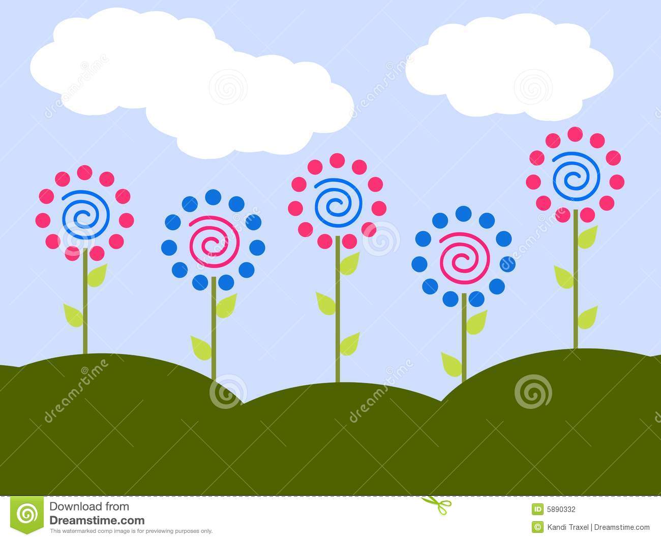 Row Of Flowers With Pink And Blue Polka Dot Petals And A Swirl Center    