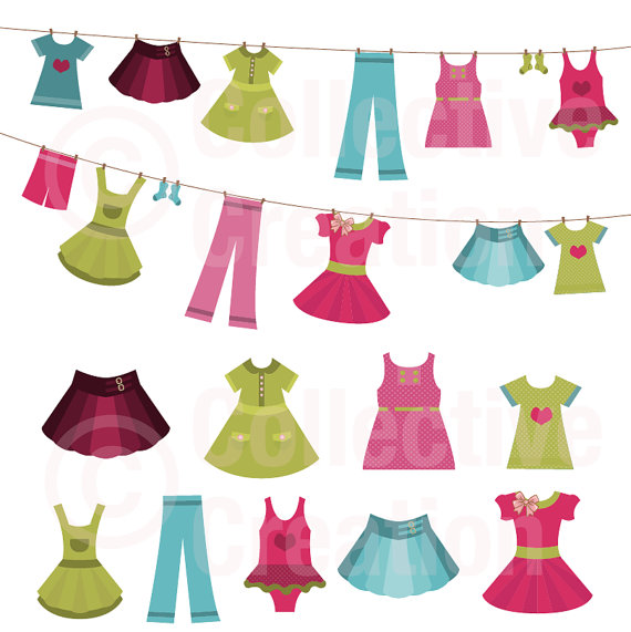 Girls Clothes On Line Clip Art Clipart Set   Personal And Commercial    