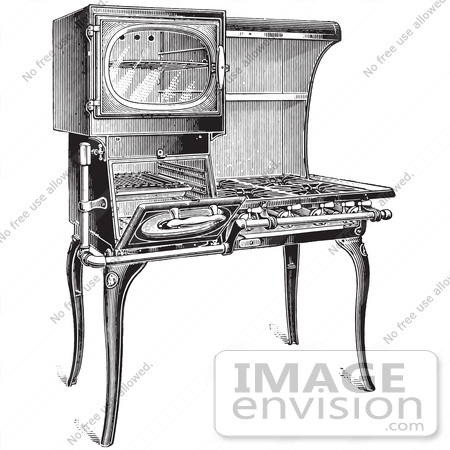 61324 Retro Clipart Of A Vintage Antique Gas Stove In Black And White    
