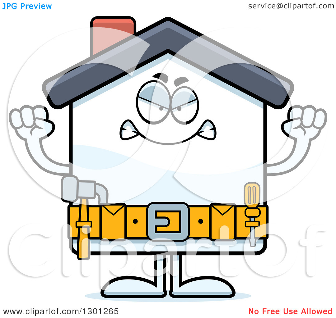 Clipart Of A Cartoon Angry Mad Home Improvement House Character Waving    